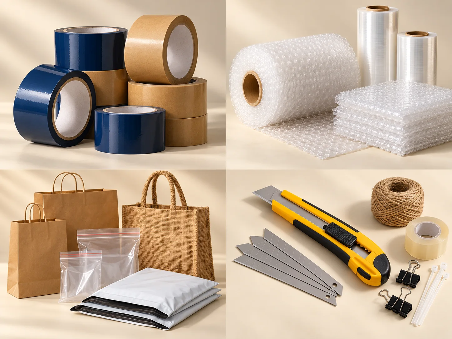 Illustrative assortment of tapes, wrapping, bags and packing tools