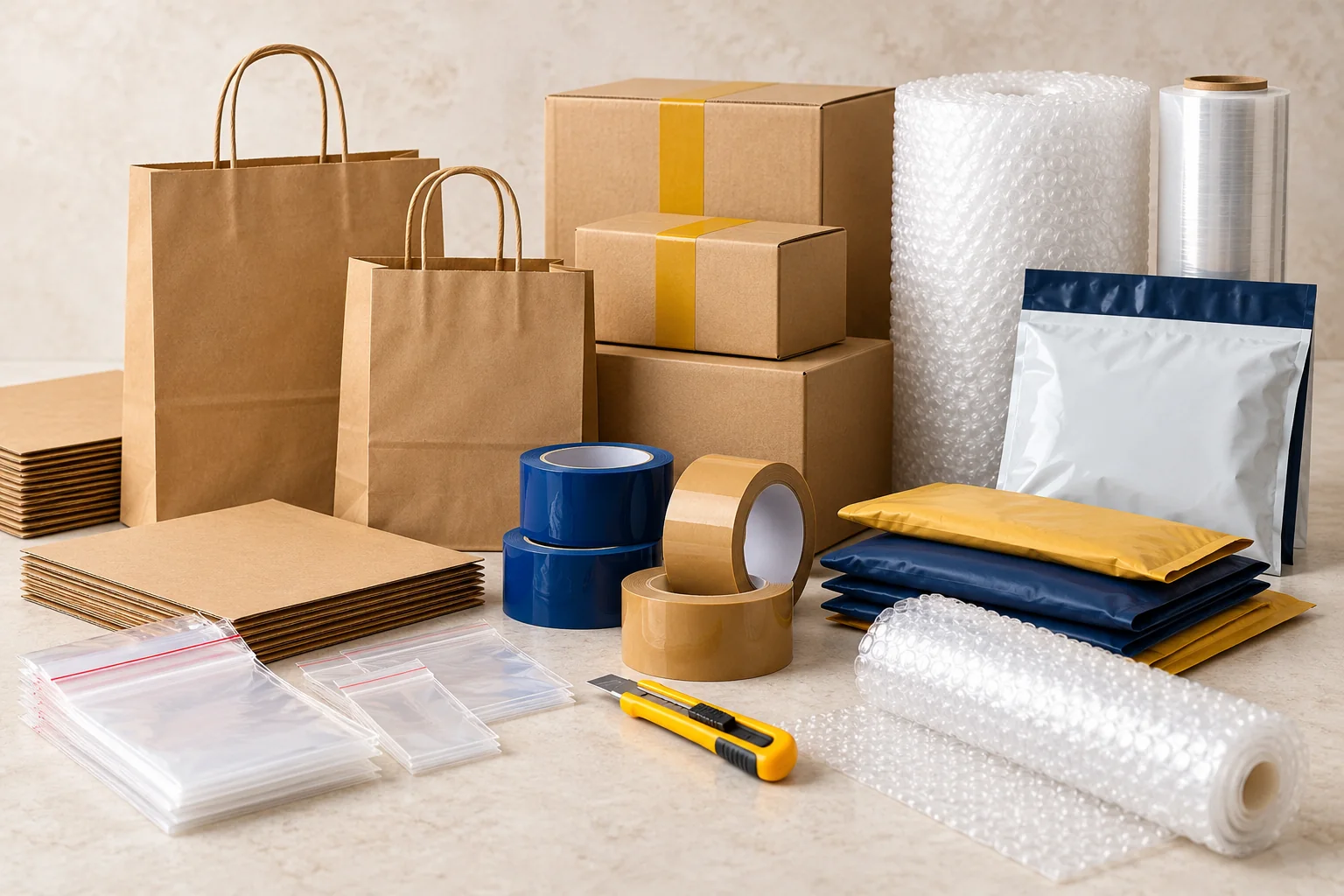 Illustrative assortment of packing tapes, protective wrap, bags and shipping supplies
